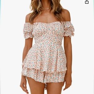 Fixmatti Women Boho Romper Off Shoulder Ruffle Chiffon Shorts Jumpsuit Playsuits